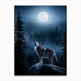 Howling Wolf Center Frame Midnight Wilderness Backdrop Full Moon Casting Silver Illumination Thro Canvas Print