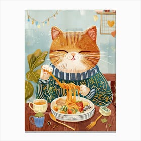 Cute Brown White Cat Eating Pasta Folk Illustration 2 Canvas Print