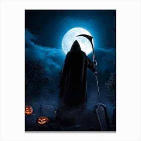 Sinister Reaper Silhouetted Against A Full Moon On Halloween Night Draped In A Tattered Black Cloak Canvas Print