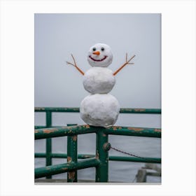 Snowman On Railing Canvas Print