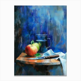 Blue Still Life With A Knife And An Apple Canvas Print