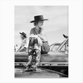 Cowgirl Sitting On Car Hood, Western Aesthetic, Vintage Black and White Old Photo Leinwandbild