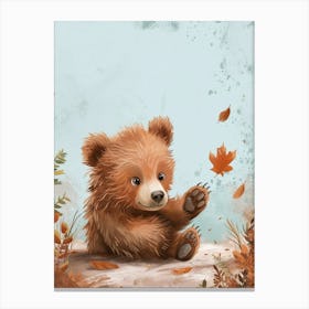 Brown Bear Cub Playing With A Fallen Leaf Storybook Illustration 3 Canvas Print