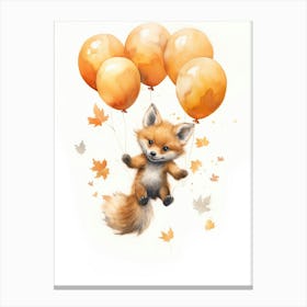 Fox Flying With Autumn Fall Pumpkins And Balloons Watercolour Nursery 4 Canvas Print