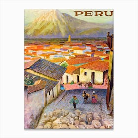 Peru, Red Roofs And A Mountain In The Distance Canvas Print