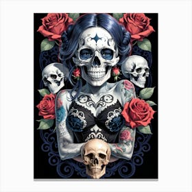 Sugar Skull Girl With Roses Painting (34) Canvas Print