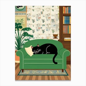 Black Cat On A Green Couch 1 Canvas Print