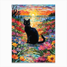 Sunset and Flowers - Beautiful Rainbow Mosiac of Whimsical Black Cat By the Lake as the Sun Sets Whimsy Kitty Art for Cat Lover, Cat Lady, Chakra Pride Pagan Witch Botanical Colorful HD Canvas Print