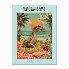 Dinosaur Having A Picnic Retro Collage 3 Poster Canvas Print