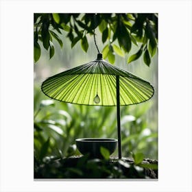 Green Umbrella In The Rain Canvas Print