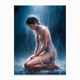 Woman Kneeling Sad In The Rain Canvas Print