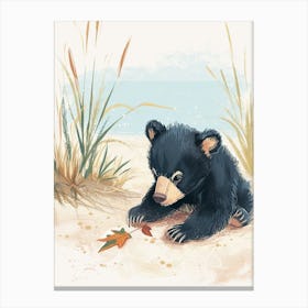 American Black Bear Cub Playing With A Fallen Leaf Storybook Illustration 4 Canvas Print