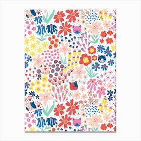 Happy Cats Hiding in the Flower Field - Pink, Yellow, Red, Blue, on White Kids Canvas Print