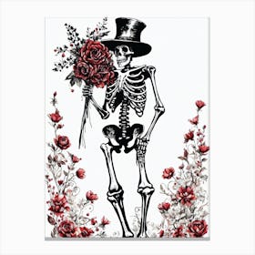 Floral Skeleton With Hat Ink Painting (94) Canvas Print