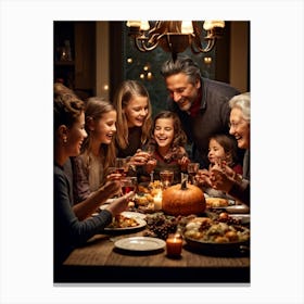 Candid Style Photo Of A Family Gathering Around A Thanksgiving Dinner Table Just Before The Prayer (2) Canvas Print