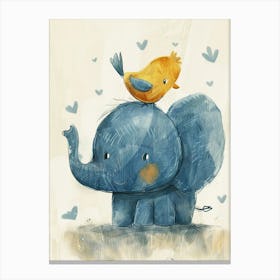 Small Joyful Elephant With A Bird On Its Head 19 Canvas Print