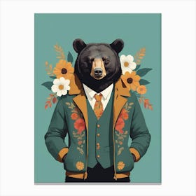 Floral Black Bear Portrait In A Suit (26) Canvas Print