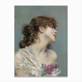 Woman Portrait, Lilacs, Muted Neutral Vintage Art Canvas Print