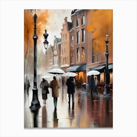 Amsterdam cafes, autumn season, rain, autumn oil colours.Faded colours,People passing on the street, winter clothes, rain umbrellas.7 3 Canvas Print