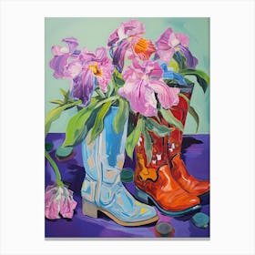 Oil Painting Of Pink And Red Flowers And Cowboy Boots, Oil Style 6 Canvas Print