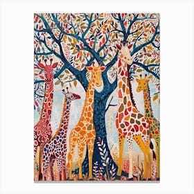 Cute Giraffe Herd Under The Trees Illustration 4 Canvas Print