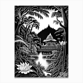 Tirta Gangga, 1, Indonesia Linocut Black And White Vintage Canvas Print