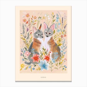 Folksy Floral Animal Drawing Jackal 2 Poster Canvas Print