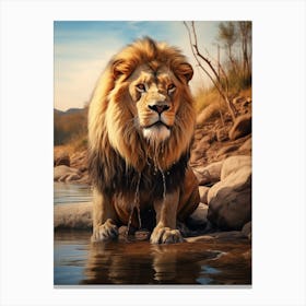 African Lion Drinking From A Stream Realistic 1 Canvas Print