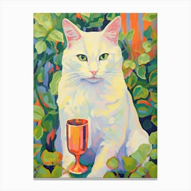 White Cat With A Glass Botanical Oil Painting Canvas Print