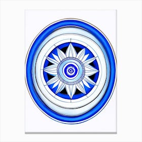 Dharma Wheel, Symbol, Third Eye Blue & White 6 Canvas Print