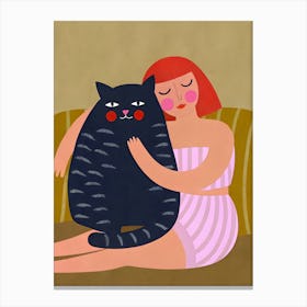 Woman Girl Hugging A Cat Canvas Print