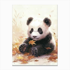 Giant Panda Cub Playing With A Fallen Leaf Storybook Illustration 1 Canvas Print