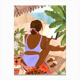 Woman Reading On The Beach Canvas Print