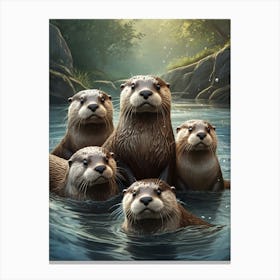 Otter Family Relaxing in Water Wildlife Canvas Print