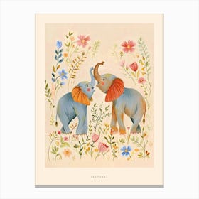Folksy Floral Animal Drawing Elephant 3 Poster Canvas Print