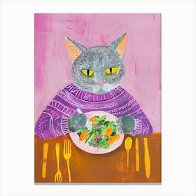 Blue Cat Eating Salad Folk Illustration 2 Canvas Print