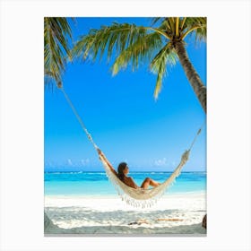 Content Woman Sprawls On A Pristine Tropical Beach Soft White Sands Adorned With Delicate Seashells (7) Canvas Print