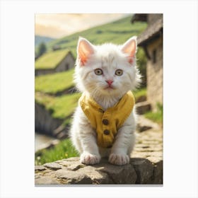 White Kitten In Yellow Vest Canvas Print