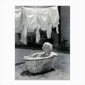 1930s 1940s Girl Outdoors Sitting In Laundry Basket Canvas Print