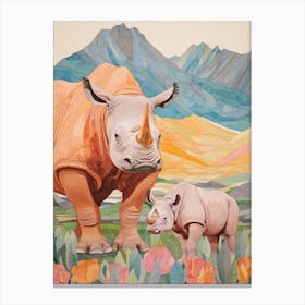 Rhino With Rhino Baby Patchwork 2 Canvas Print