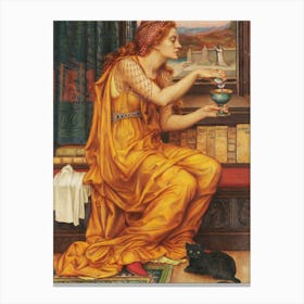 The Love Potion 1908 by Evelyn de Morgan (1855-1919) Remastered in HD Medieval Style Pre-Raphaelite- The Model was Jane Morris - A Witch Pours a Love Potion Whilst a Black Cat Familiar Rests at Her Feet - Sorceress Witchcraft Pagan Wicca Tarot Zodiac Famous Ancient Vintage Canvas Print