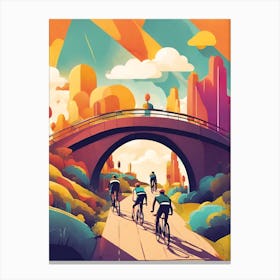 Illustration Of Cyclists Crossing A Bridge Canvas Print
