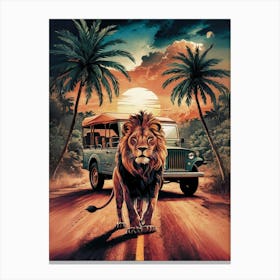 Lion On The Road Canvas Print