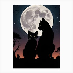 Silhouette Of Two Cats Under A Full Moon 5 Canvas Print