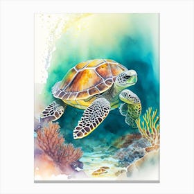 A Single Sea Turtle In Coral Reef, Sea Turtle Cute Neon 1 Canvas Print