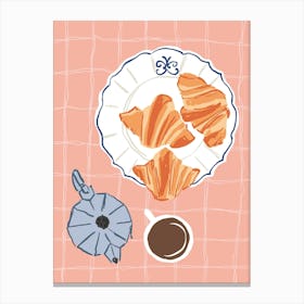 Food Illustration Coffee And Croissants Preppy Contemporary Kitchen Canvas Print