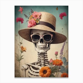 Vintage Floral Skeleton With Hat And Sunglasses (4) Canvas Print