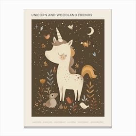 Unicorn In The Meadow With Abstract Woodland Animals 1 Poster Canvas Print