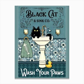 Bathroom Art! Black Cat in the Sink "Wash Your Paws" Vintage Style Black Cat & Sink Co Canvas Print