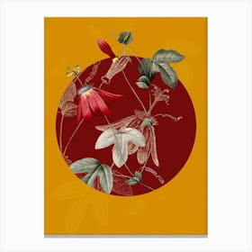 Vintage Botanical Red Passion Flower Passiflora racemosa on Circle Red on Yellow n.0327 Canvas Print